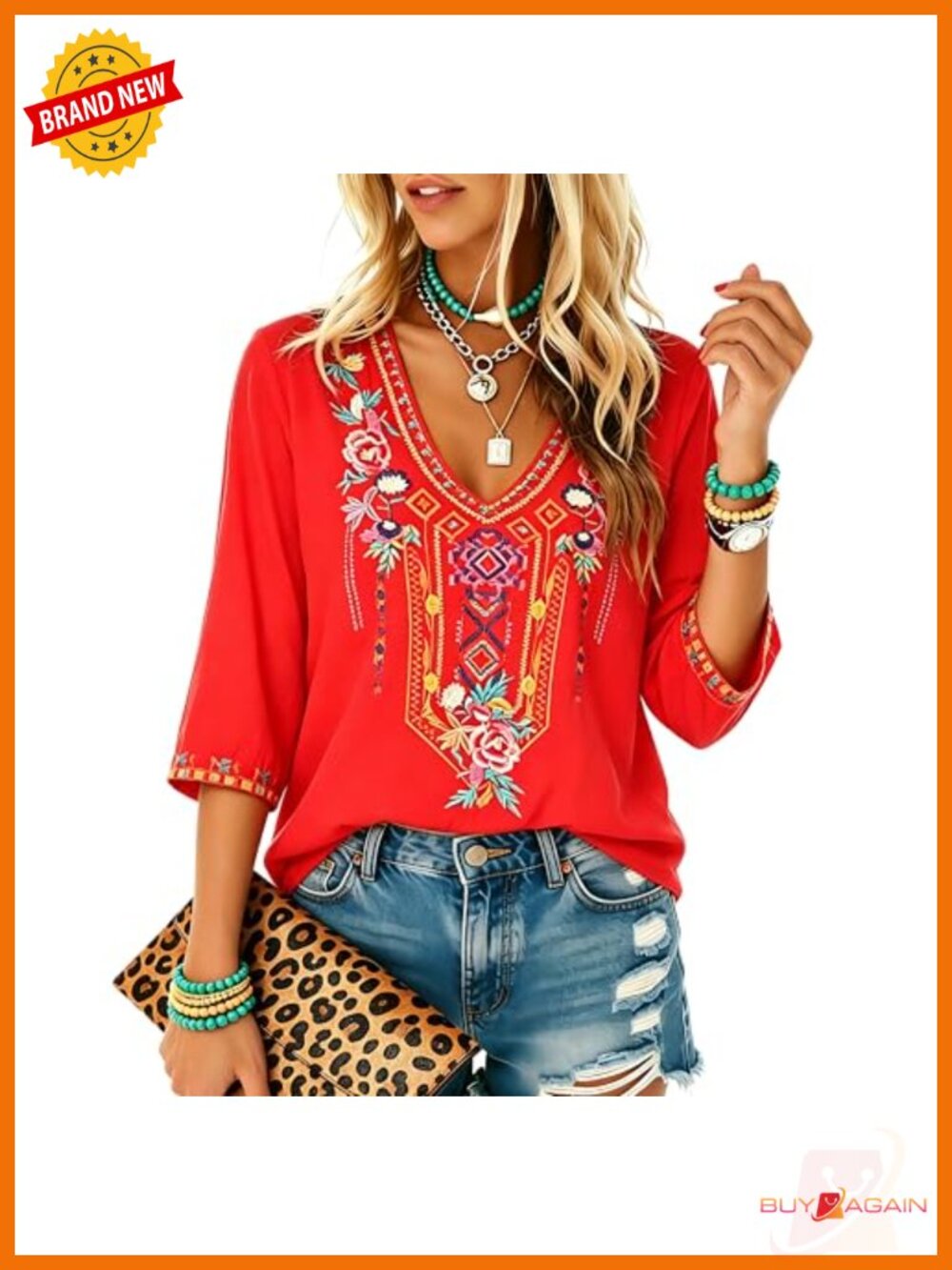 Women's Mexican Embroidered Boho Tunic Blouse 3/4 Sleeve Peasant Top